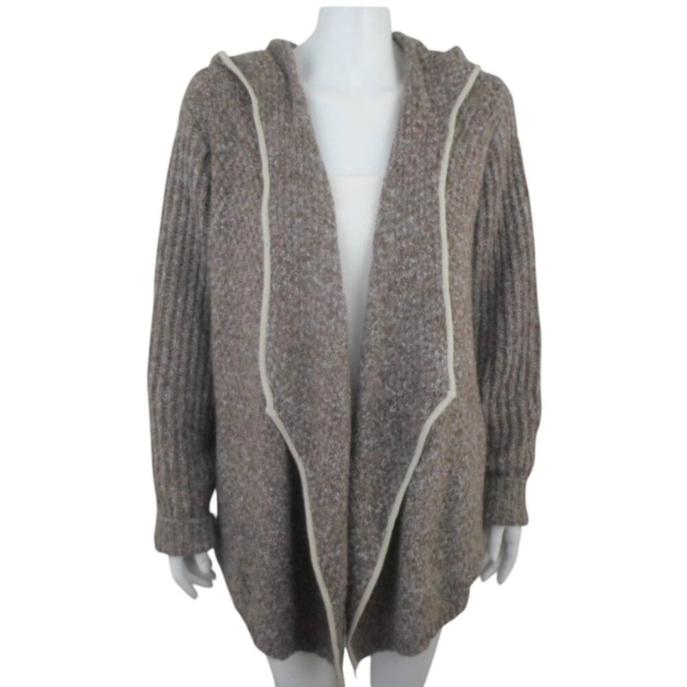 Hem & Thread Tan Ivory Hooded Open Cardigan Sweater w Elbow Patches